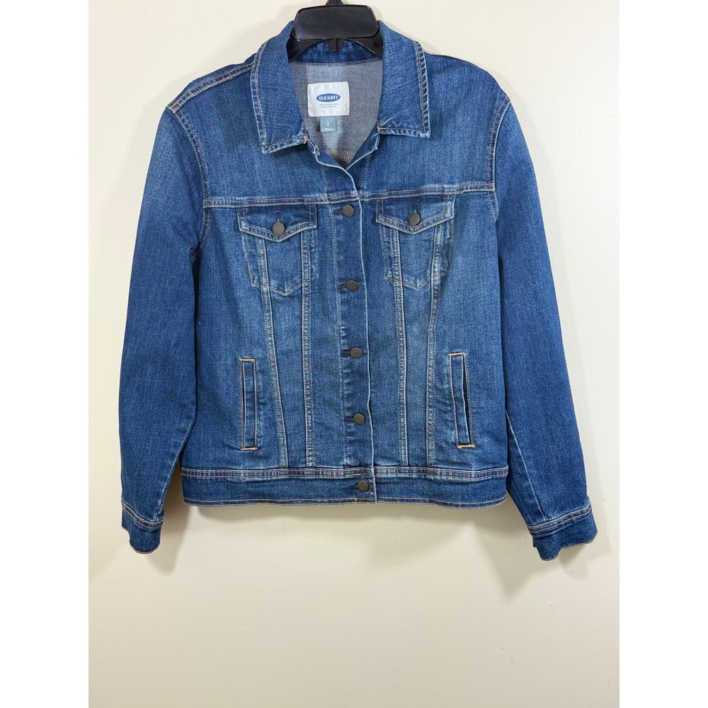 Old Navy Women's L Dark Wash Stretch Denim Classic Trucker Jacket Academia